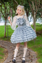 Robe à volants à nœud papillon à imprimé à carreaux en plusieurs couches Sweet Lolita en plusieurs niveaux 3 couleurs